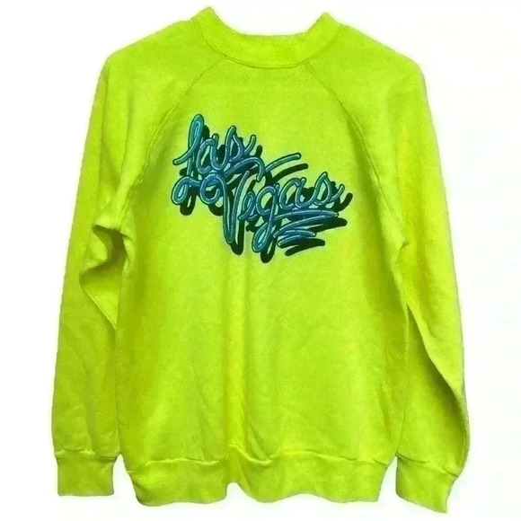 Vintage 80s 90s Neon Yellow Las Vegas Logo Sweatshirt Made in USA Size M - Picture 1 of 4